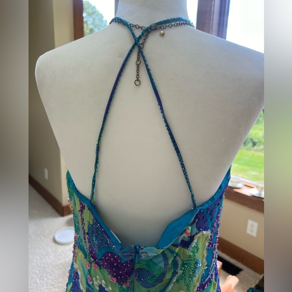 Vintage Cache Turquoise 🦋 Purple Lime Beaded Sequin Cocktail Dress Sz 12 Halter - Picture 8 of 16